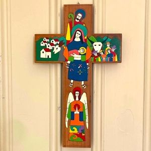 VTG El Salvador Cross Hand-painted Nativity Scene Jesus Mary Angel Christian